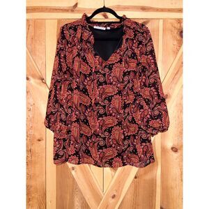 Notations Orange & Black Ruffle Paisley Chiffon Blouse Size 1X Plus Boho Chic